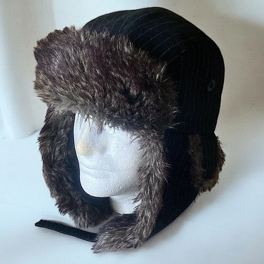 Trappers Hat Wool Pinstripe Fur Trappers Hat Size 2XL-3XL Black
